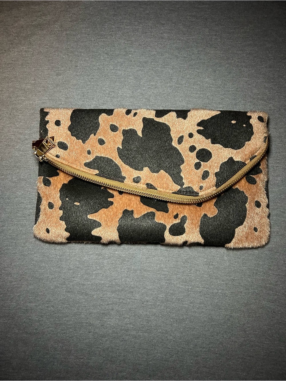 Cowhide-Pattern Zip Clutch in Brown and Black NWOT